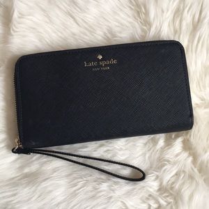 kate spade black zip-around wristlet wallet with gold logo